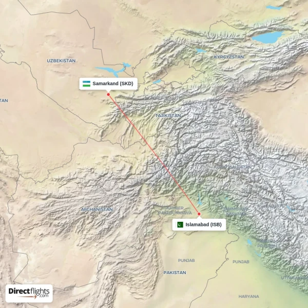 Samarkand - Islamabad direct flight map