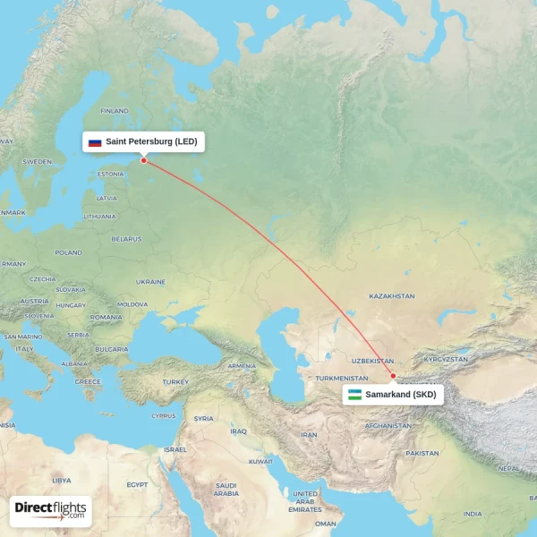 Samarkand - Saint Petersburg direct flight map