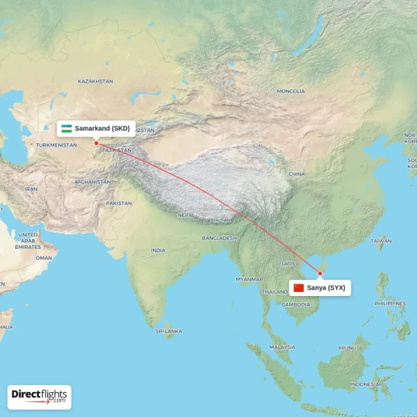 Samarkand - Sanya direct flight map