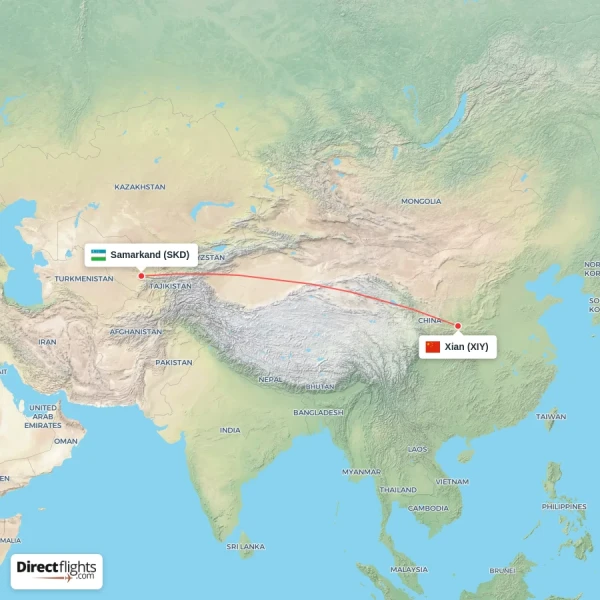 Samarkand - Xian direct flight map