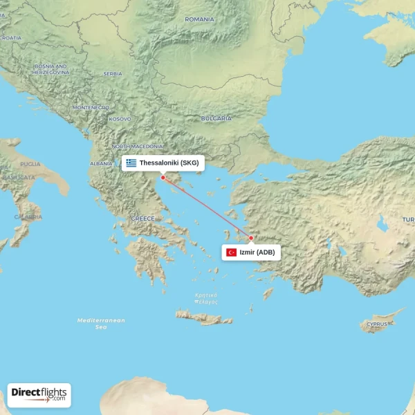 Thessaloniki - Izmir direct flight map