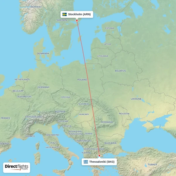 Thessaloniki - Stockholm direct flight map
