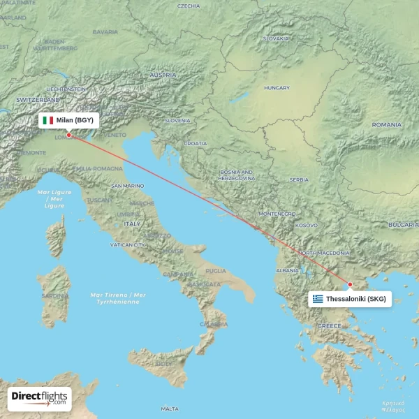 Thessaloniki - Milan direct flight map