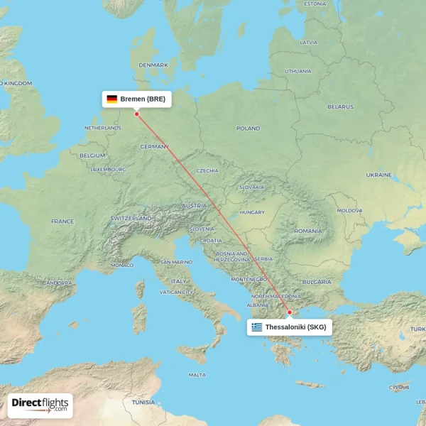 Thessaloniki - Bremen direct flight map