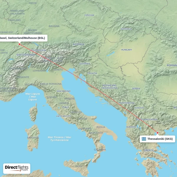 Thessaloniki - Basel, Switzerland/Mulhouse direct flight map