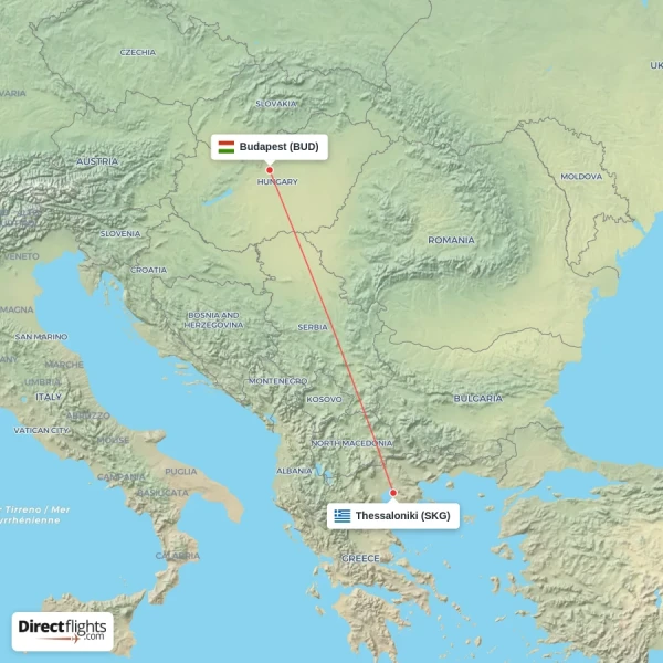 Thessaloniki - Budapest direct flight map