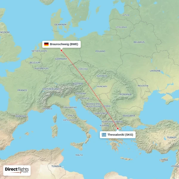 Thessaloniki - Braunschweig direct flight map
