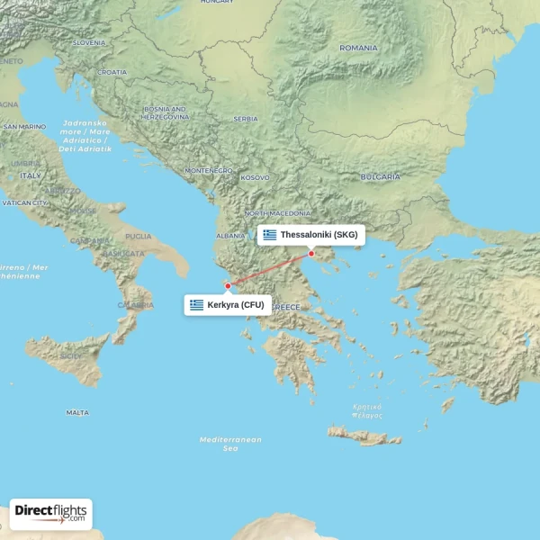 Thessaloniki - Kerkyra direct flight map