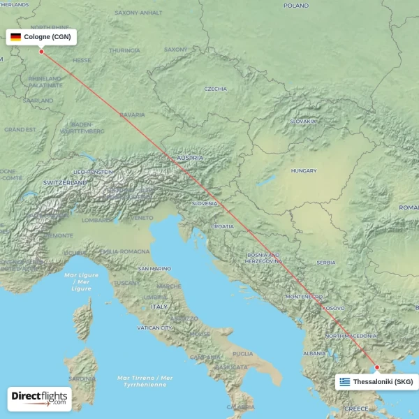 Thessaloniki - Cologne direct flight map