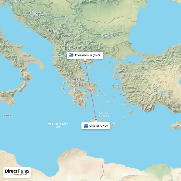 Thessaloniki - Chania direct flight map