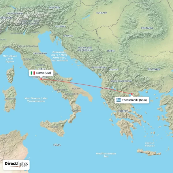 Thessaloniki - Rome direct flight map