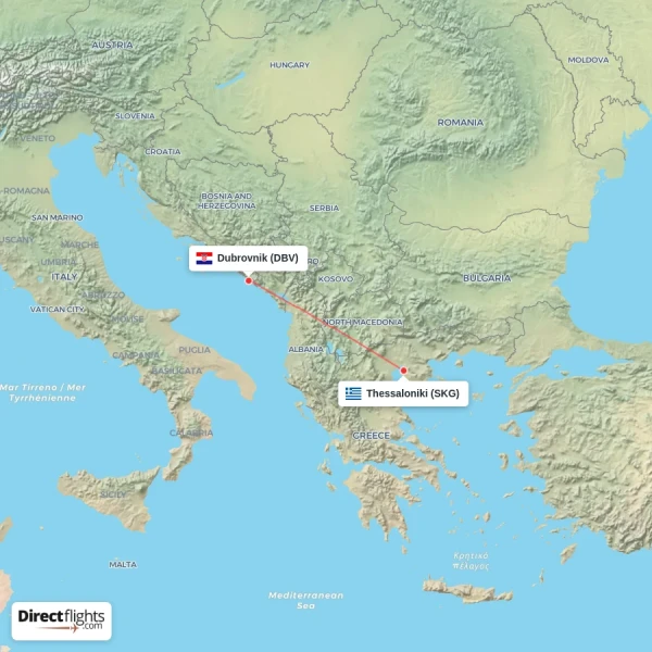 Thessaloniki - Dubrovnik direct flight map
