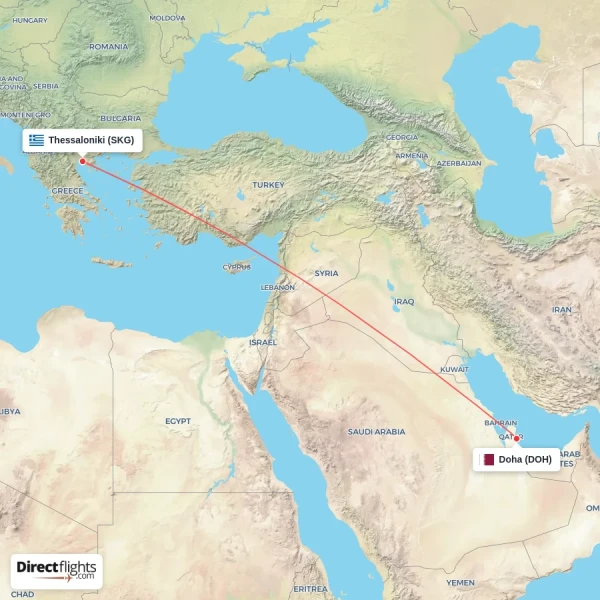 Thessaloniki - Doha direct flight map