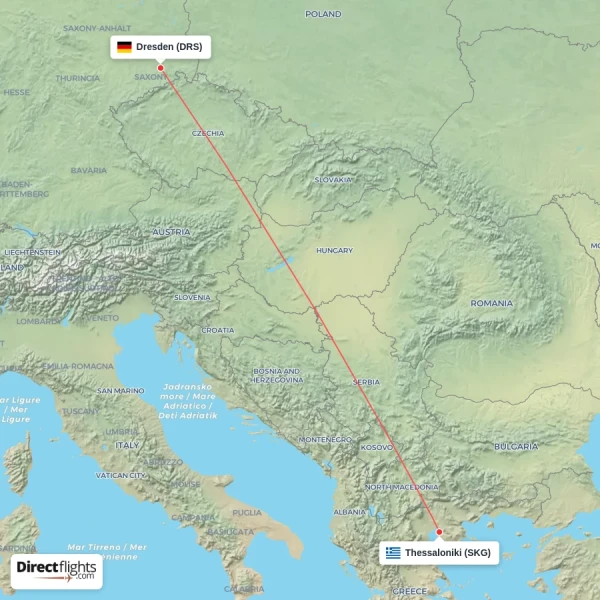 Thessaloniki - Dresden direct flight map