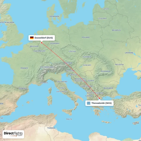 Thessaloniki - Dusseldorf direct flight map