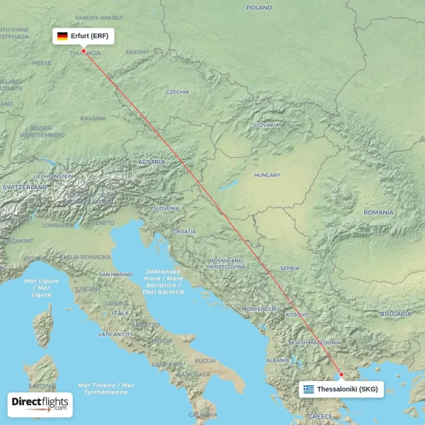 Thessaloniki - Erfurt direct flight map