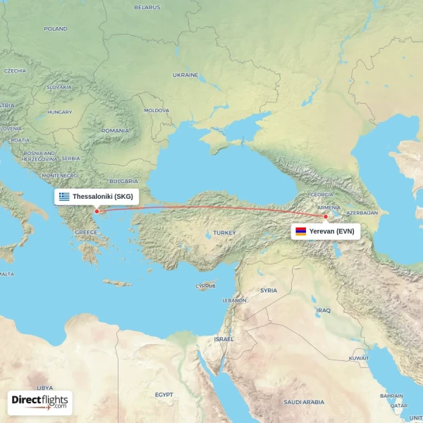 Thessaloniki - Yerevan direct flight map