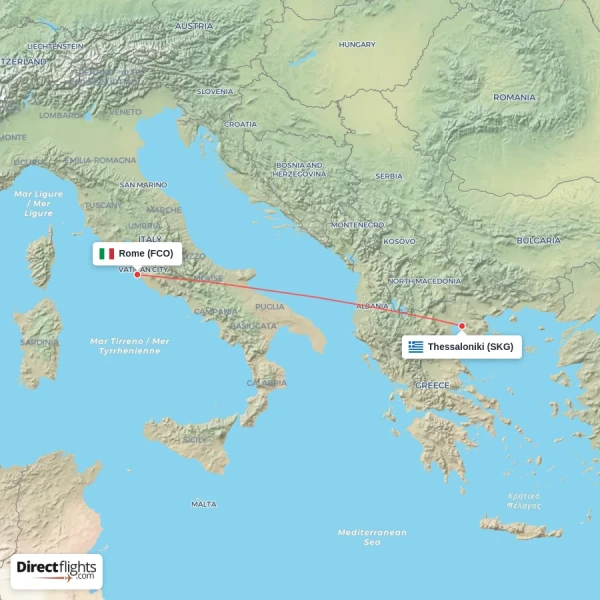 Thessaloniki - Rome direct flight map