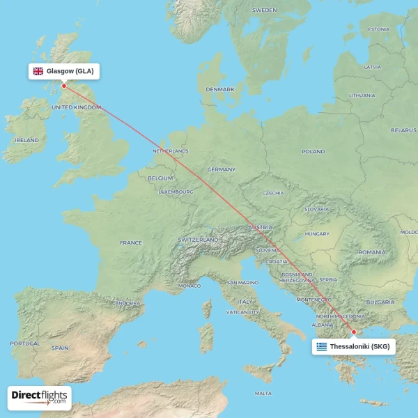 Thessaloniki - Glasgow direct flight map
