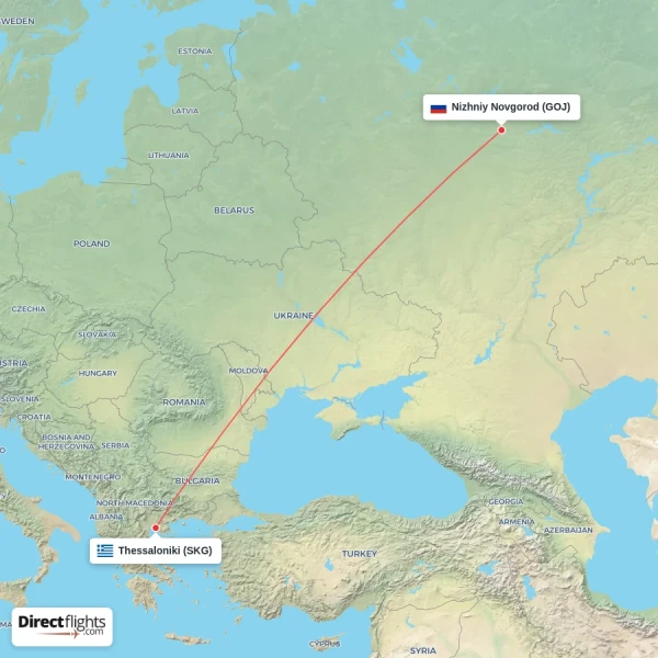 Thessaloniki - Nizhniy Novgorod direct flight map