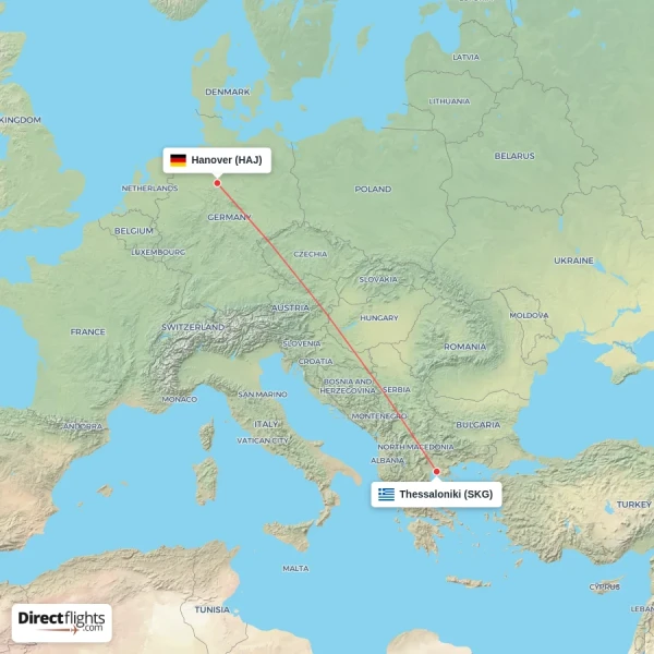 Thessaloniki - Hanover direct flight map