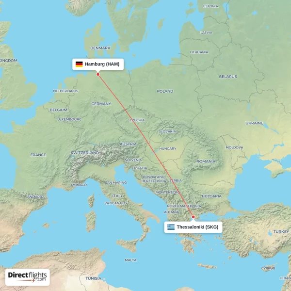 Thessaloniki - Hamburg direct flight map