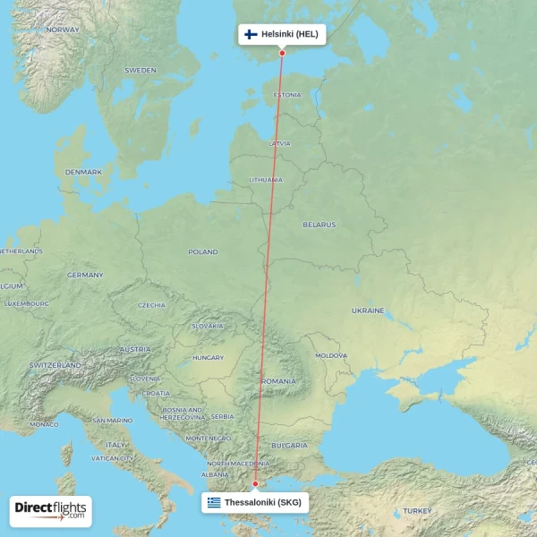 Thessaloniki - Helsinki direct flight map