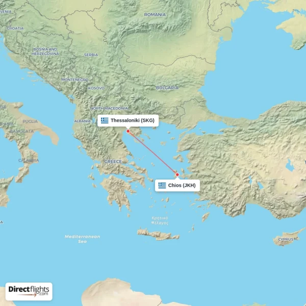 Thessaloniki - Chios direct flight map