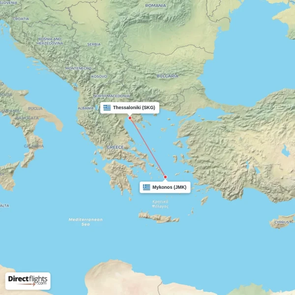 Thessaloniki - Mykonos direct flight map