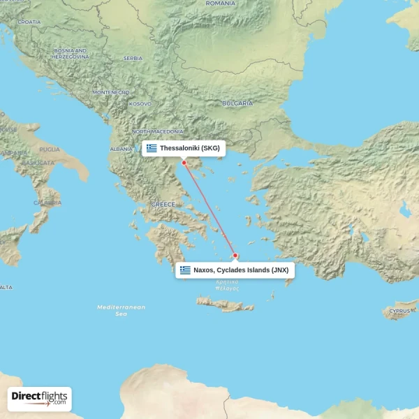Thessaloniki - Naxos, Cyclades Islands direct flight map