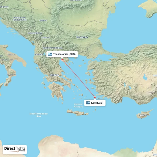 Thessaloniki - Kos direct flight map