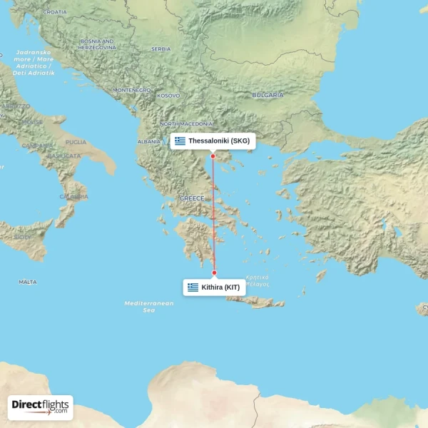 Thessaloniki - Kithira direct flight map