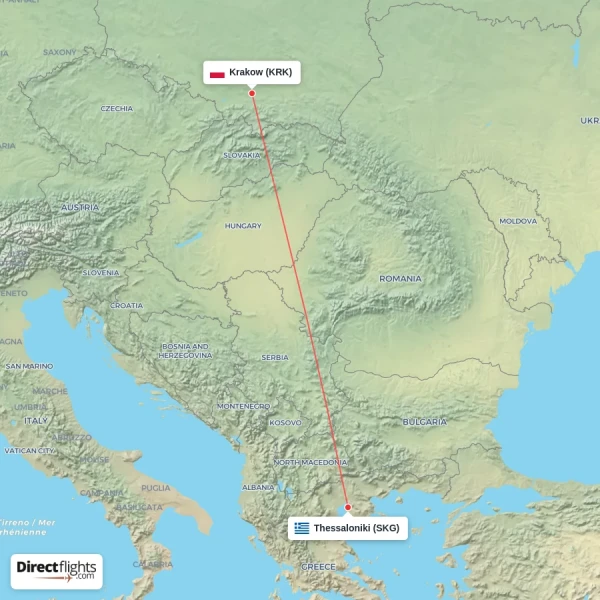 Thessaloniki - Krakow direct flight map