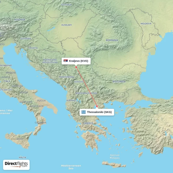Thessaloniki - Kraljevo direct flight map