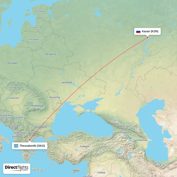 Thessaloniki - Kazan direct flight map