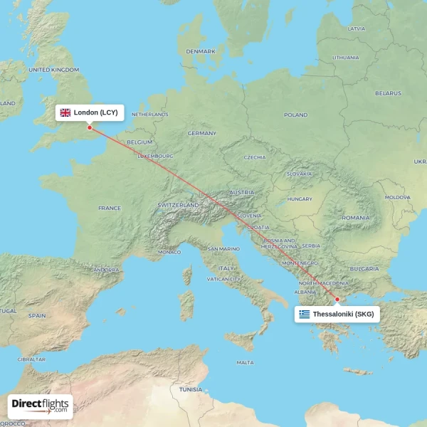Thessaloniki - London direct flight map