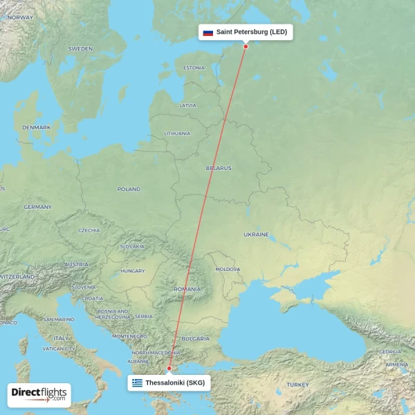 Thessaloniki - Saint Petersburg direct flight map