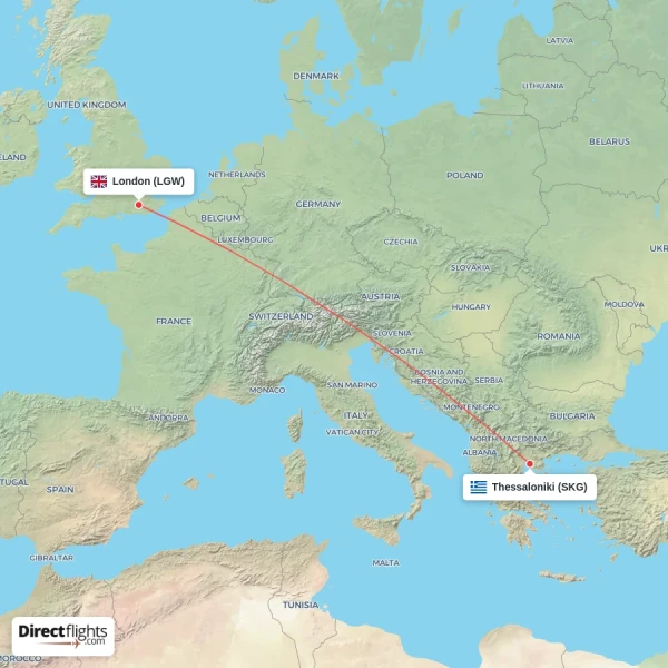 Thessaloniki - London direct flight map