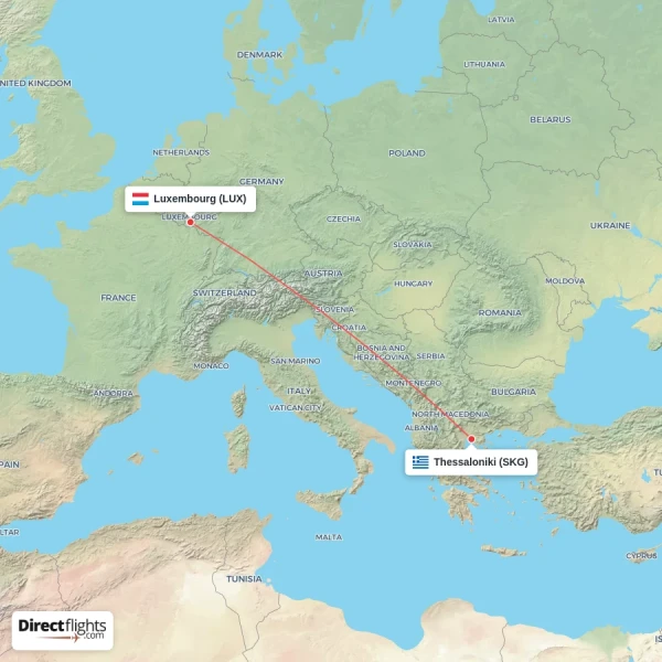 Thessaloniki - Luxembourg direct flight map