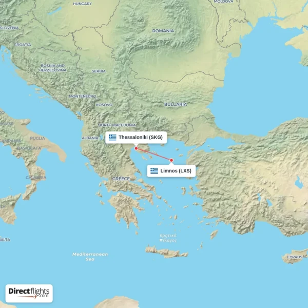 Thessaloniki - Limnos direct flight map