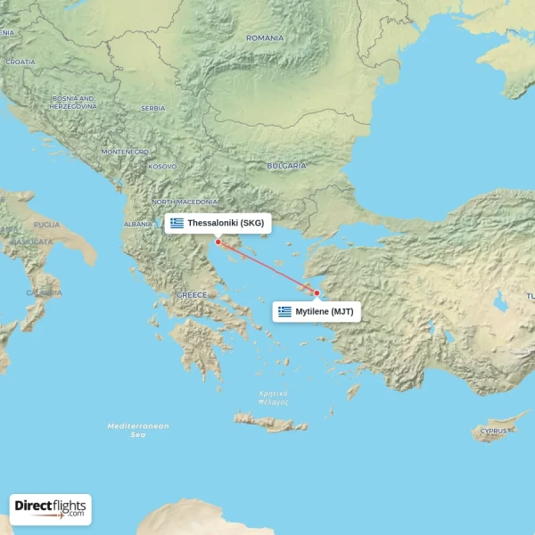 Thessaloniki - Mytilene direct flight map