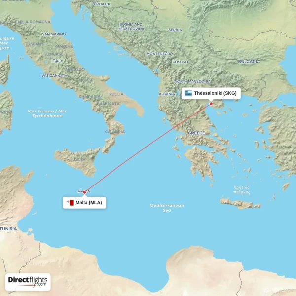 Thessaloniki - Malta direct flight map