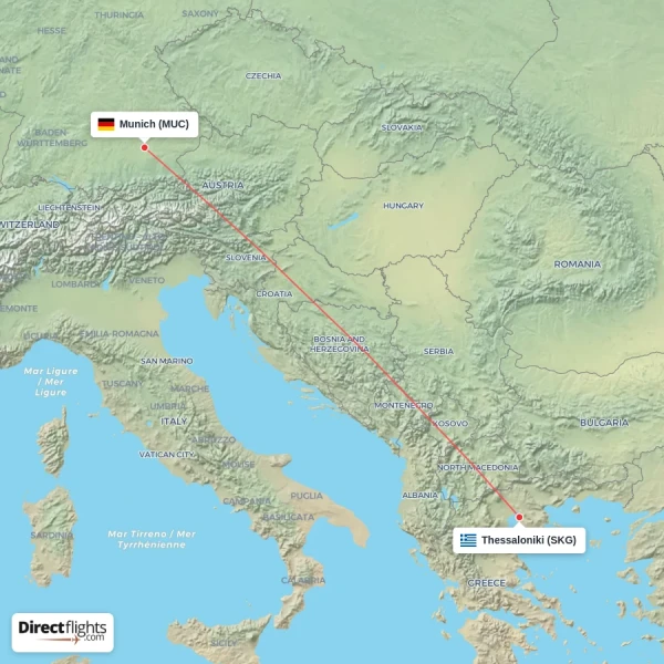 Thessaloniki - Munich direct flight map