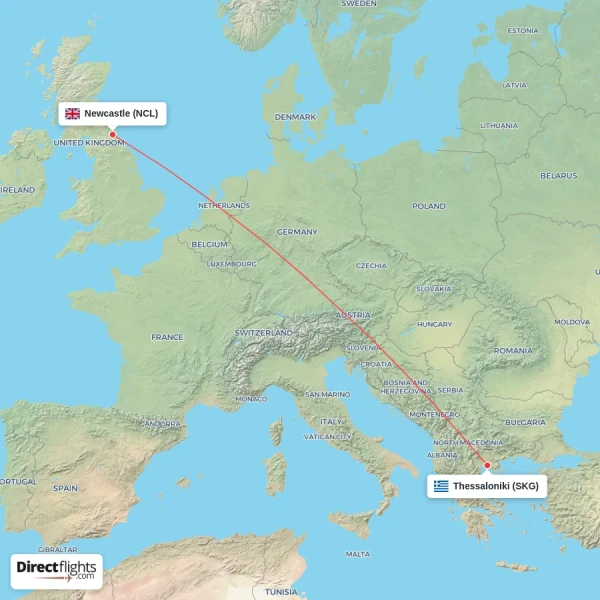 Thessaloniki - Newcastle direct flight map