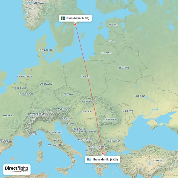 Thessaloniki - Stockholm direct flight map