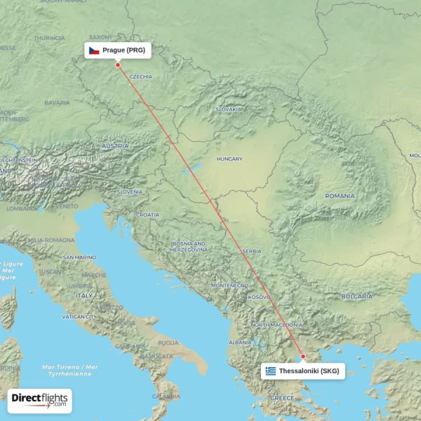 Thessaloniki - Prague direct flight map