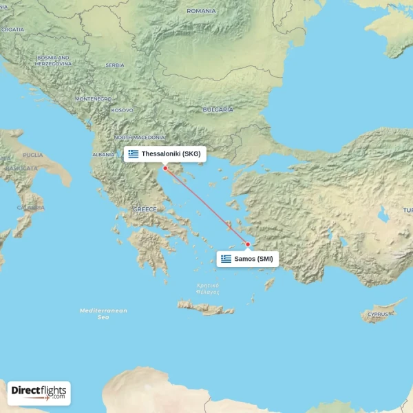 Thessaloniki - Samos direct flight map