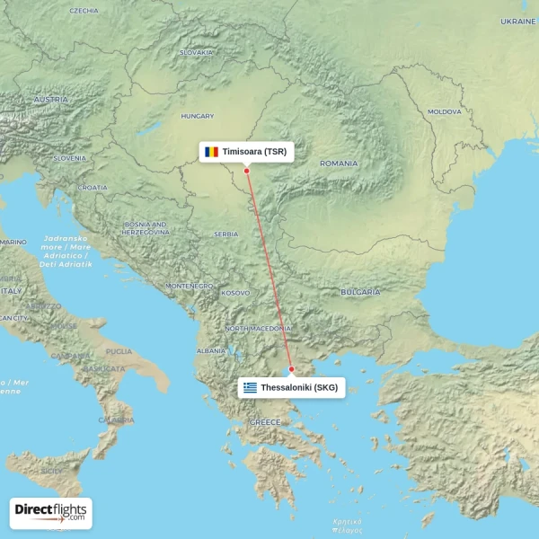 Thessaloniki - Timisoara direct flight map