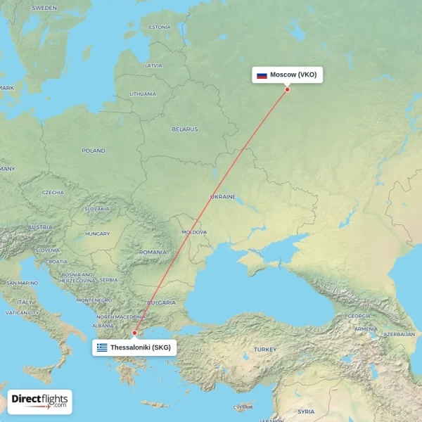 Thessaloniki - Moscow direct flight map
