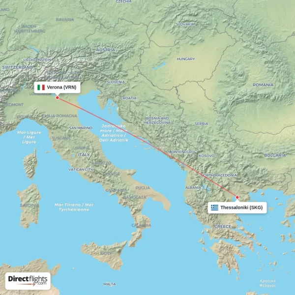 Thessaloniki - Verona direct flight map